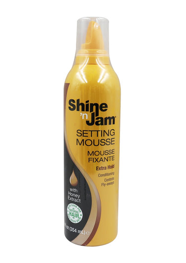 Shine 'n Jam setting mousse bottle on a white background
